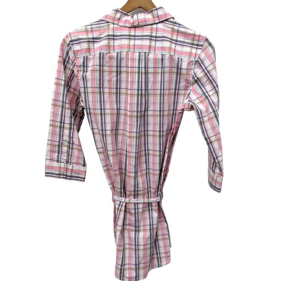 Vintage Y2K Izod 100% Cotton Pink Preppy Plaid Button Down Belted Shirt Dress S - Picture 2 of 5